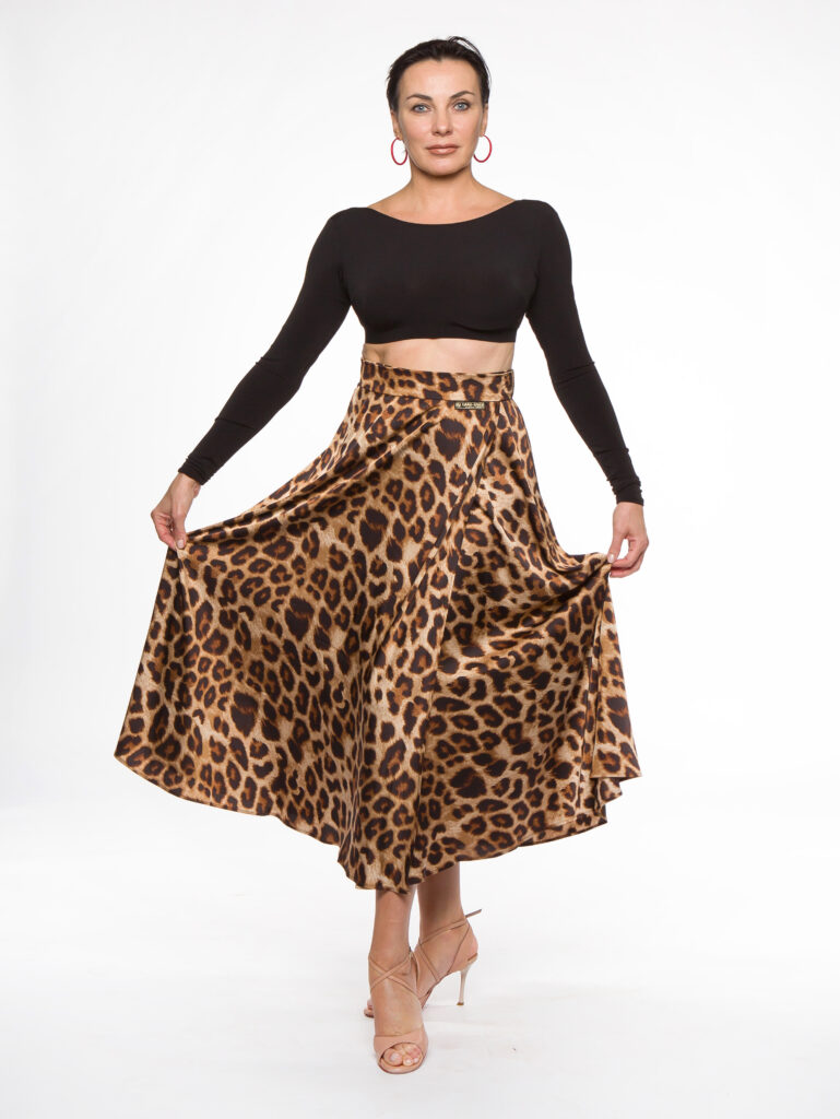 Dancer wearing a leopard print ballroom skirt