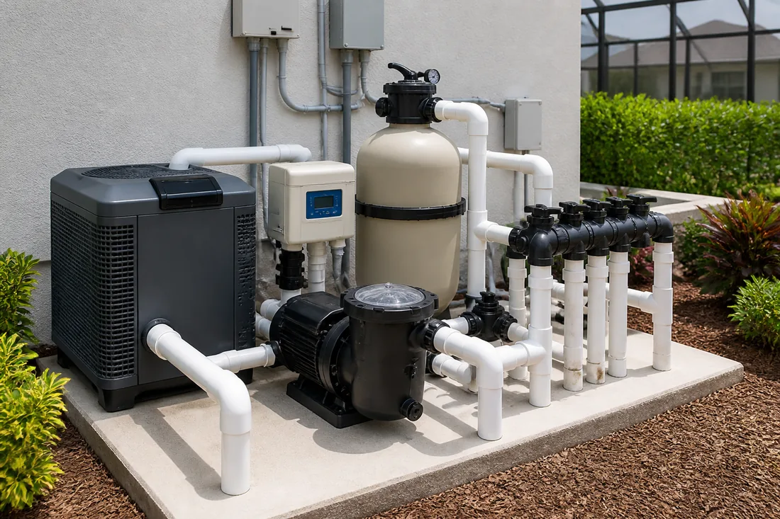 Modern pool pump and filter equipment installation