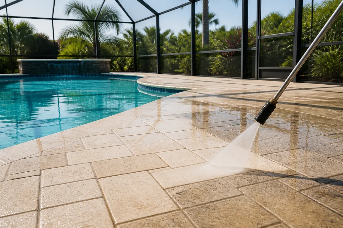 Freshly cleaned pool deck and screen enclosure exterior