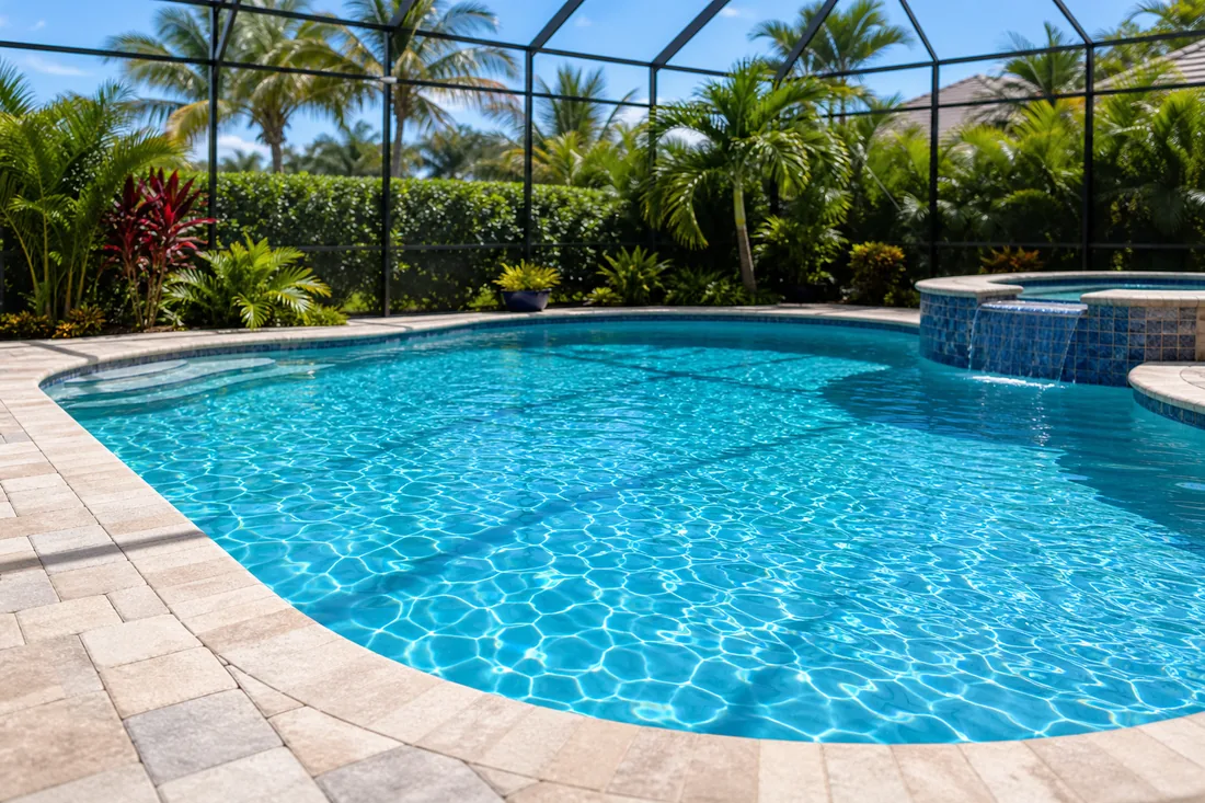 Clean blue swimming pool after weekly pool service