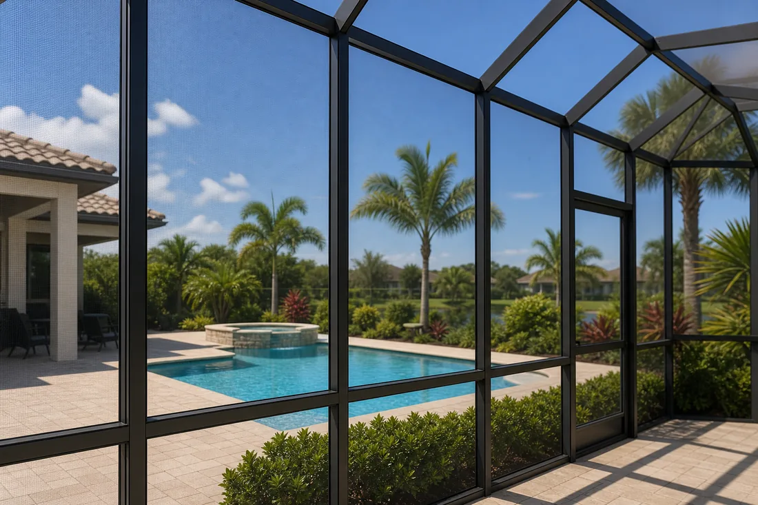 Florida pool screen enclosure with repaired screen panels